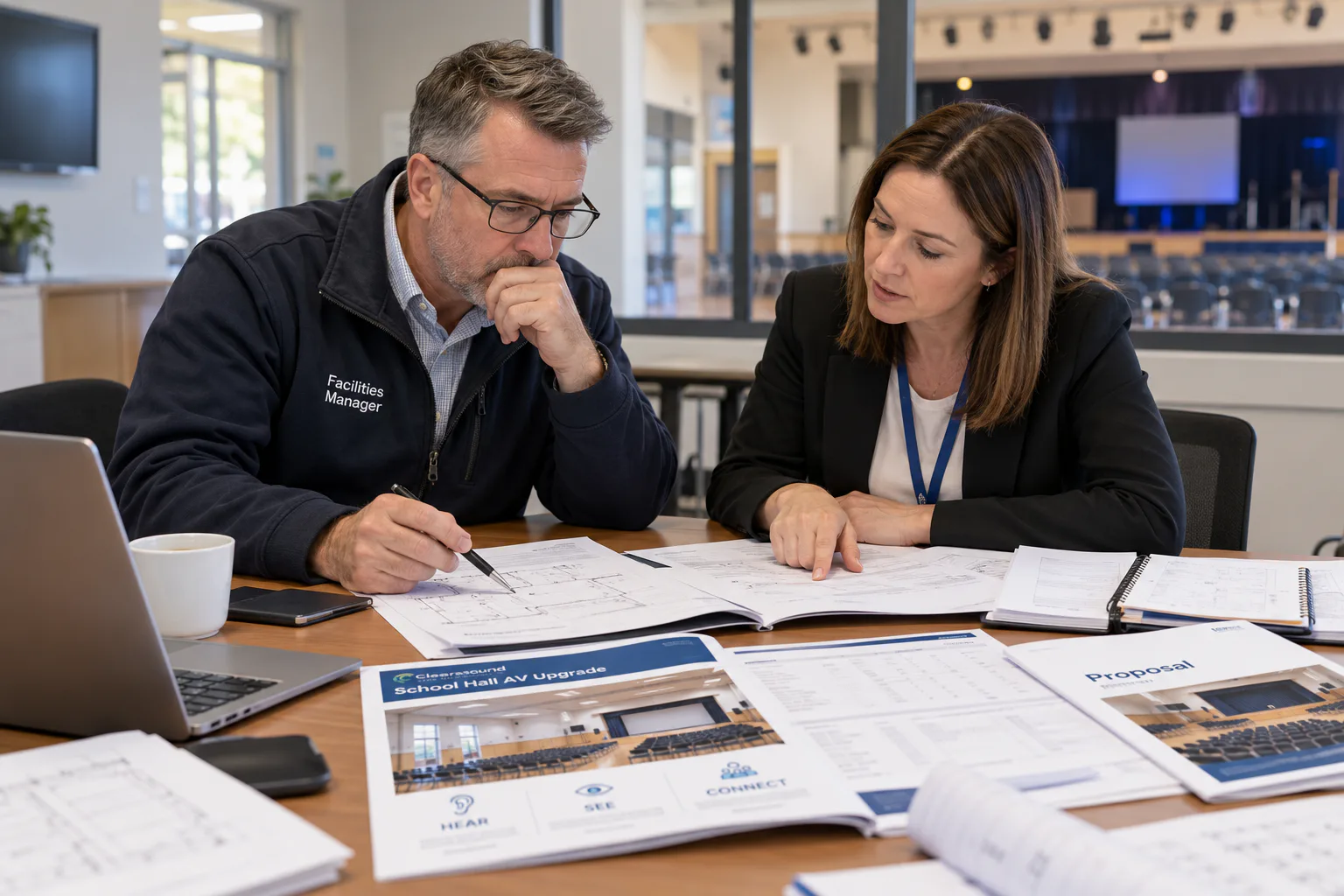 Facilities manager and school staff member reviewing AV proposals and floor plans at a table beside the school hall