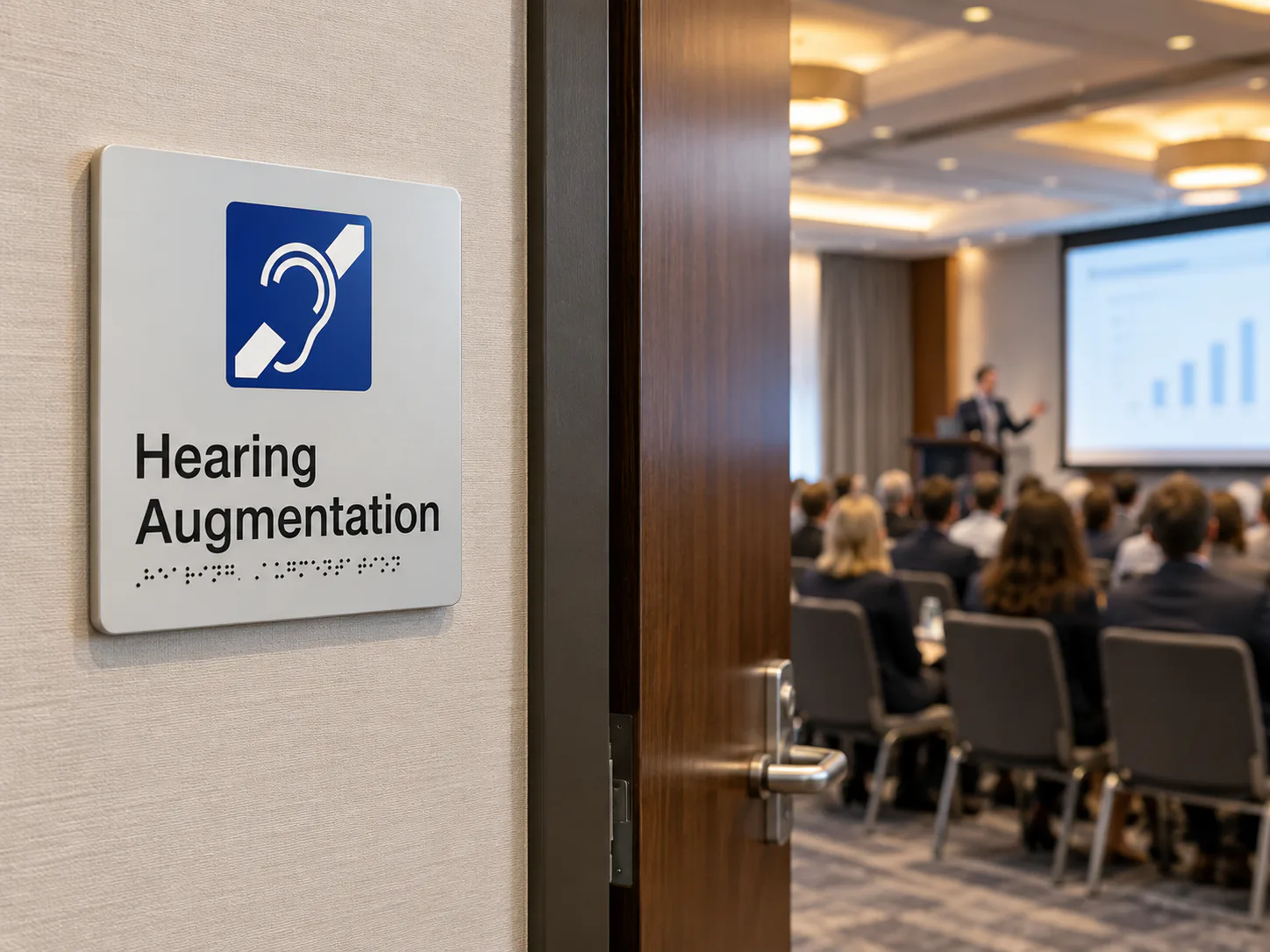 Hearing augmentation sign with braille beside an open door to a presentation room with seated audience