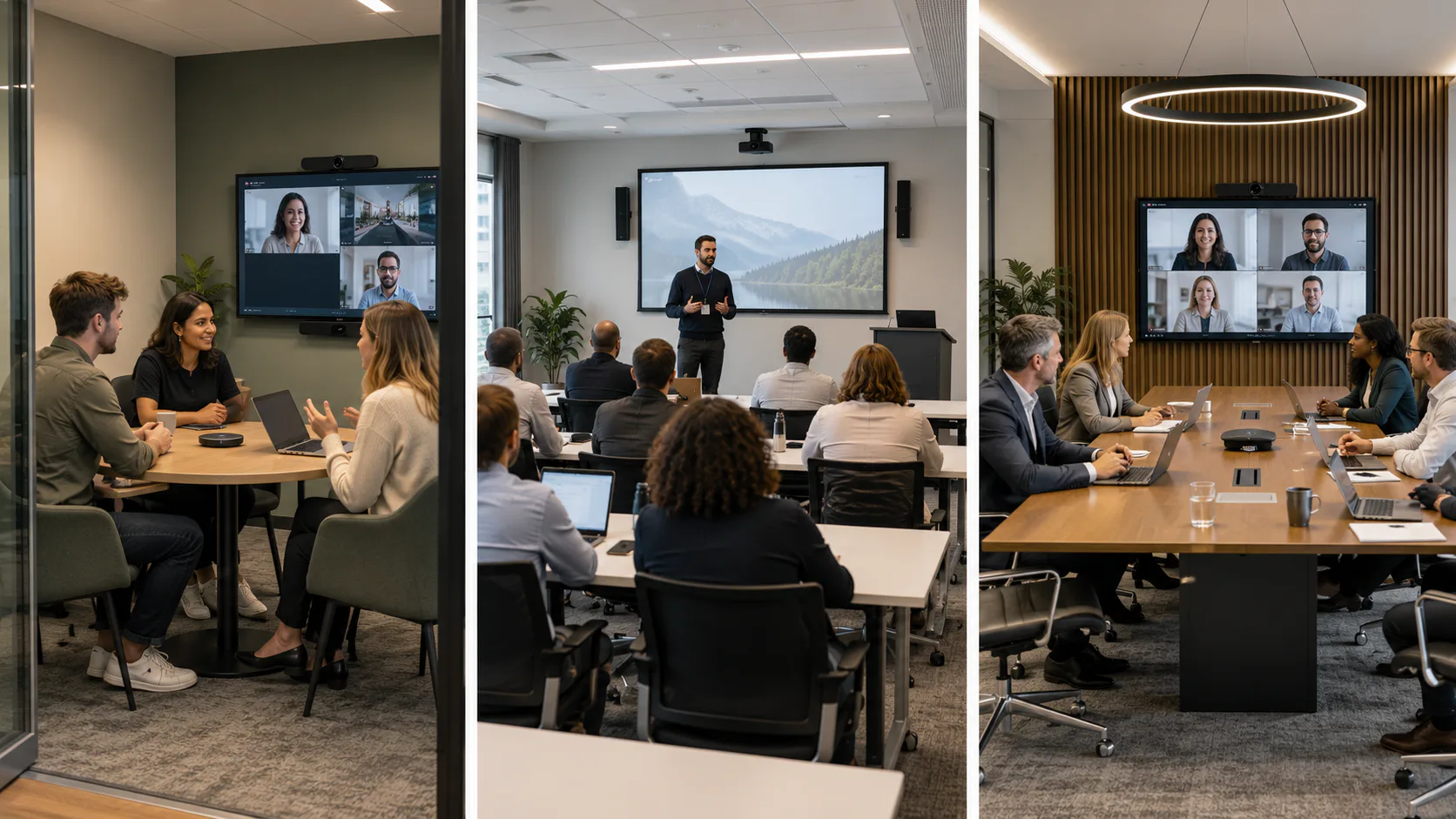 Three corporate spaces in use — a small huddle room, a training room and a boardroom, each with video conferencing