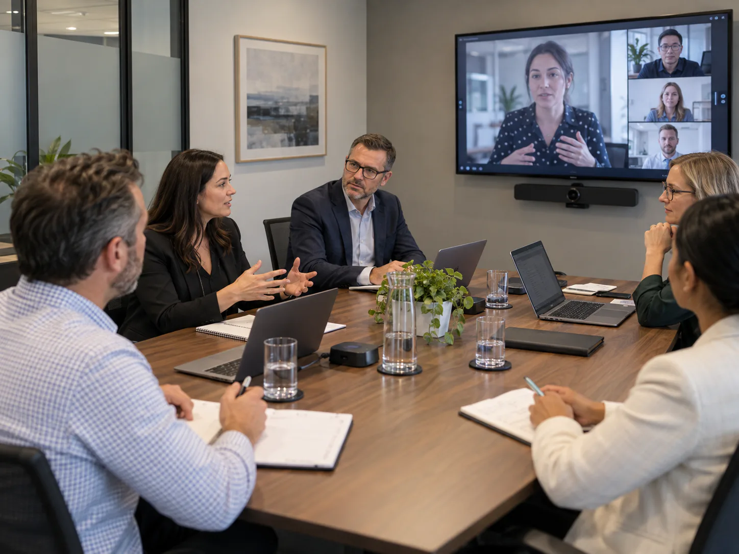 Hybrid meeting in progress, remote participants on a wall display with a video bar beneath it