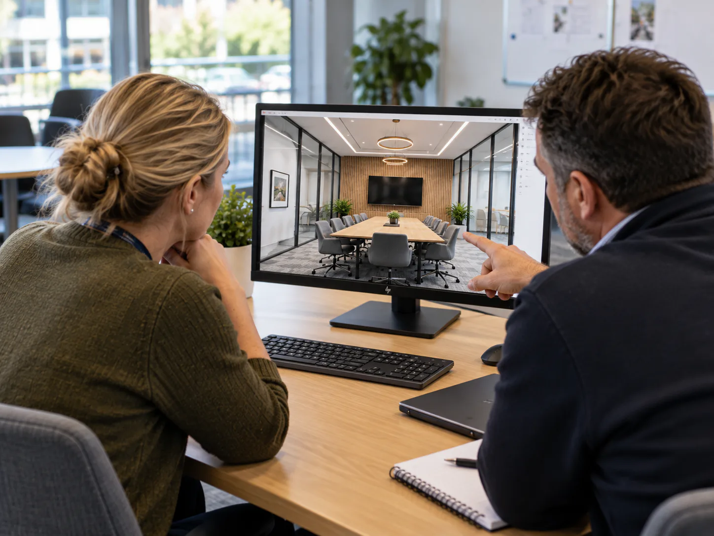 Facilities manager and consultant reviewing a proposed meeting room design on screen