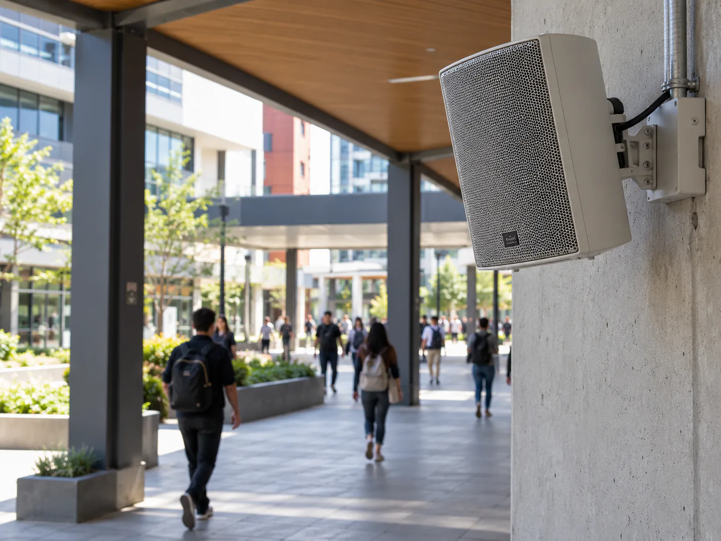 Weatherproof PA speaker mounted on a covered walkway column as students walk across campus