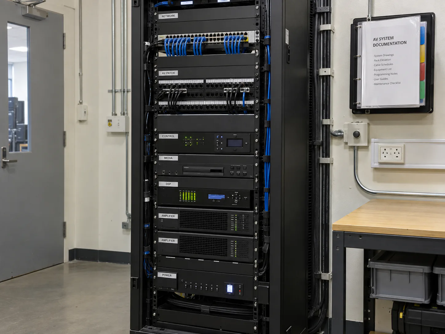 Labelled AV equipment rack with system documentation binder mounted on the wall beside it