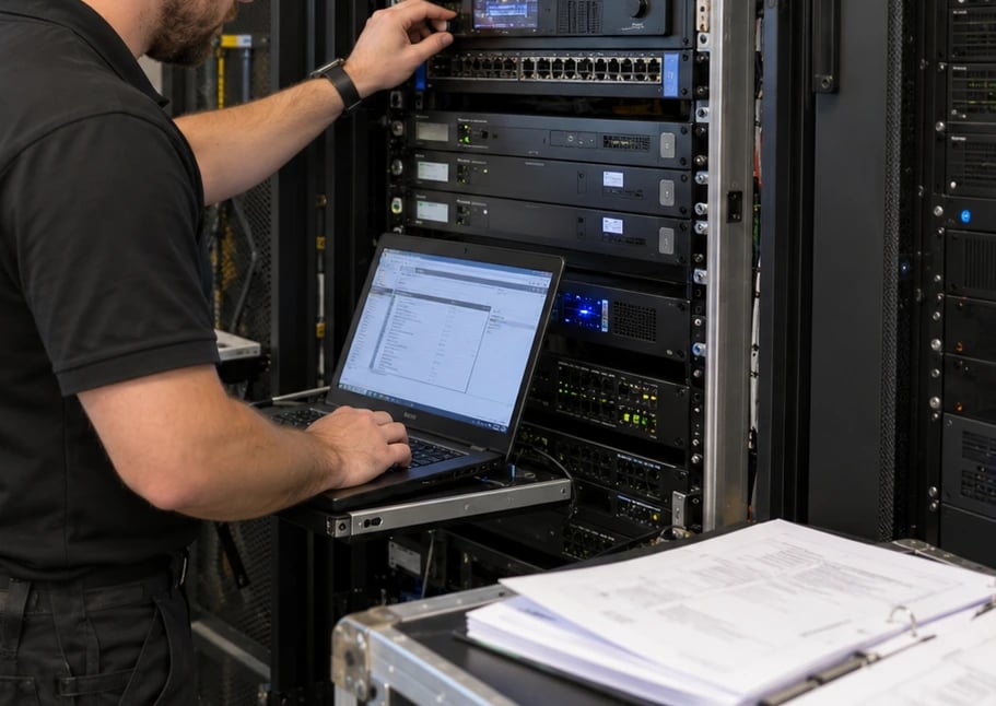 Technician checking an AV equipment rack with a laptop and service records