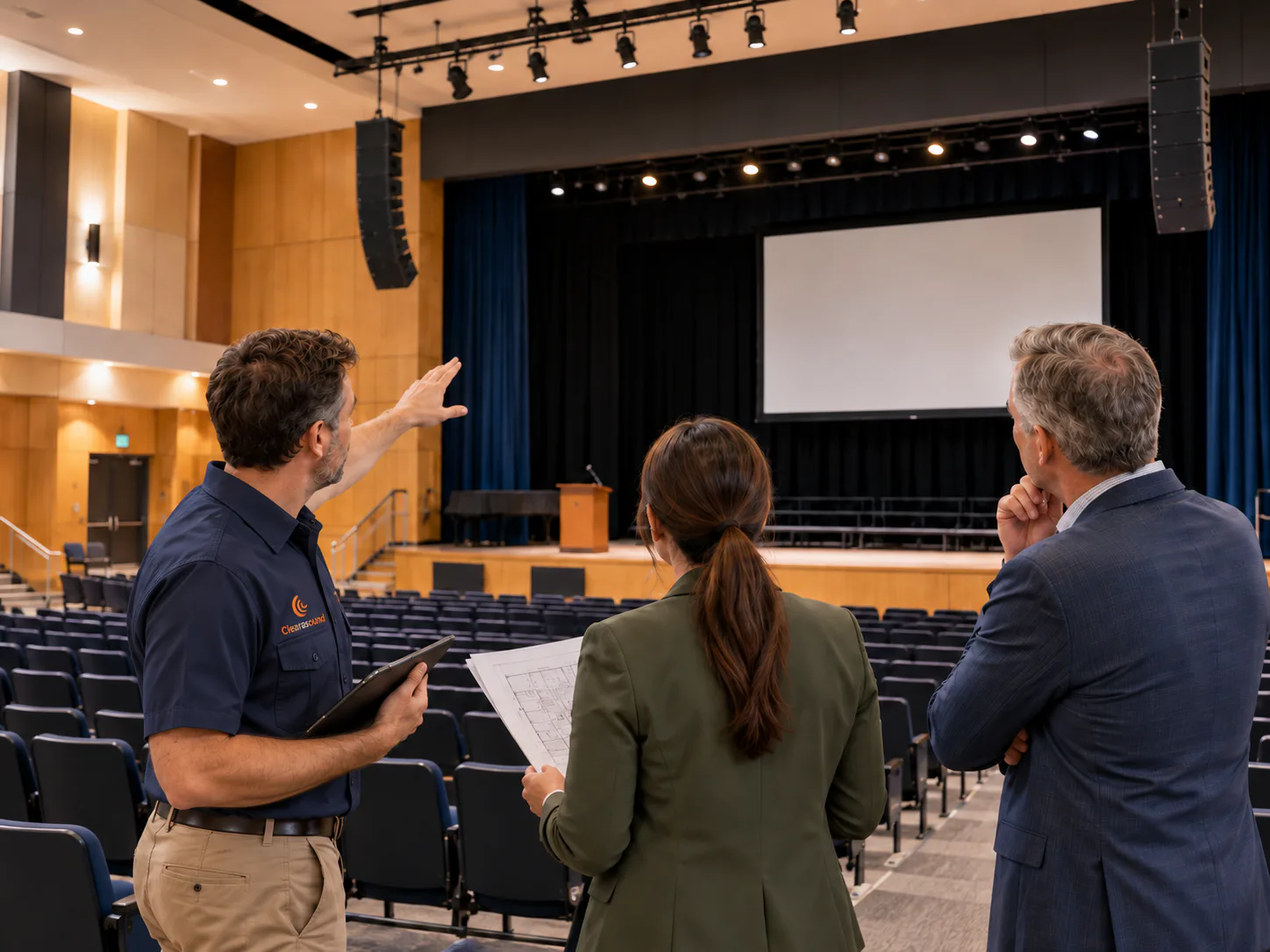 Technician, business manager and principal assessing a school hall stage, screen and speakers
